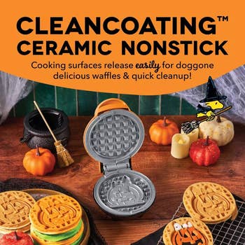 CleanCoating ceramic nonstick waffle shaper  with Halloween-themed pumpkin waffles, surrounded by festive autumn  decorations