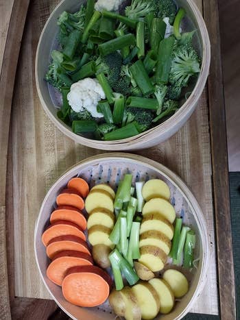 reviewer photo of colorful veggies that were cooked in the steamer