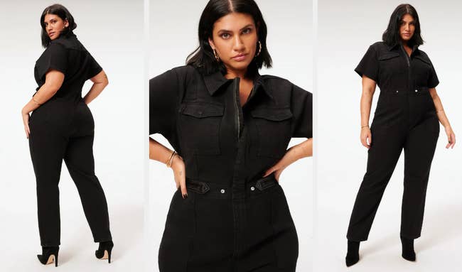 Three images of a model wearing the black jumpsuit