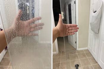 reviewer putting their hand behind a hard water stained shower door, followed by the same door looking clear and clean