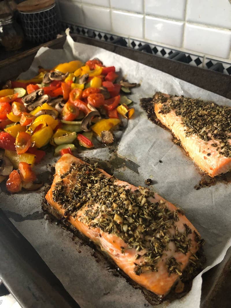One Pan Lemon Herb Salmon Veggies Recipe By Tasty