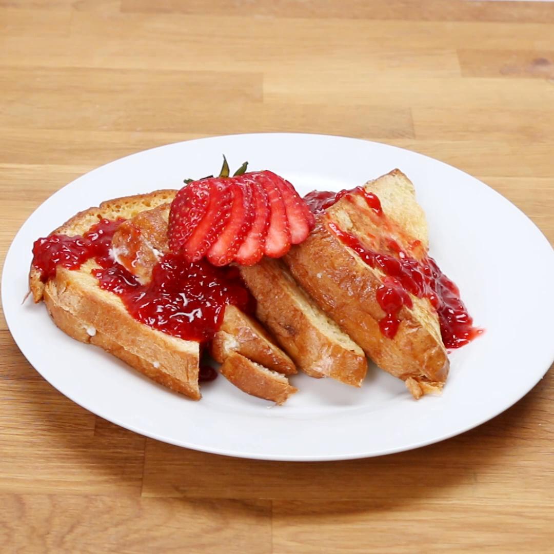 Ricotta Chocolate Chip Stuffed French Toast With Strawberry Syrup Recipe by Tasty image