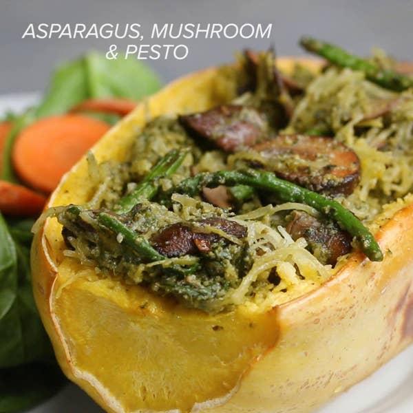 Asparagus And Mushroom Pesto Spaghetti Squash