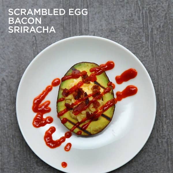 Scrambled Eggs, Bacon, And Sriracha–stuffed Avocado