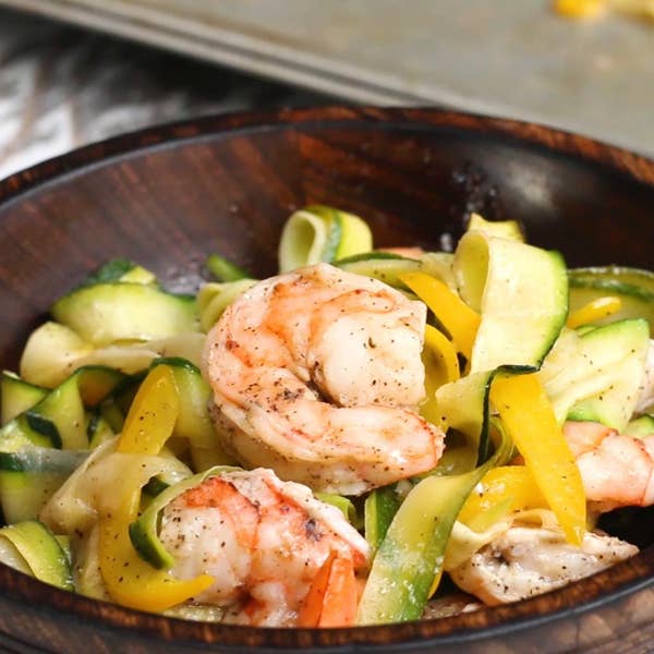 Zucchini "Linguini" With Roasted Shrimp