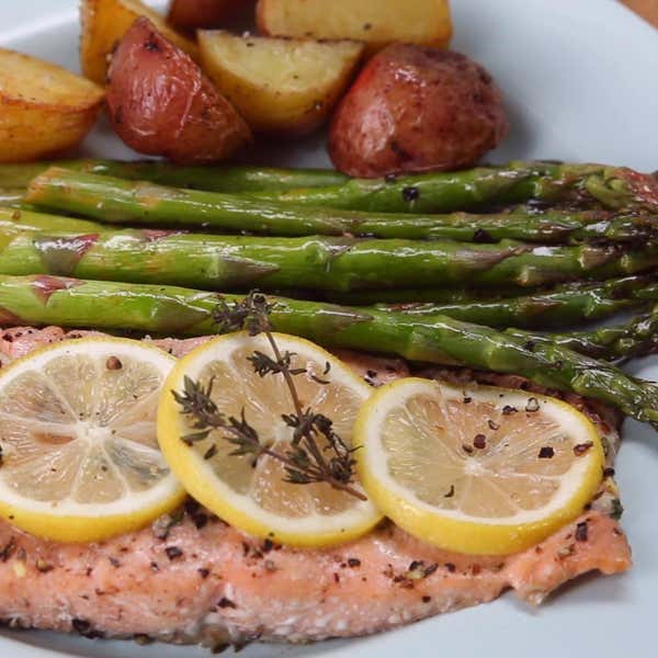 One Pan Lemon Herb Salmon Veggies Recipe By Tasty