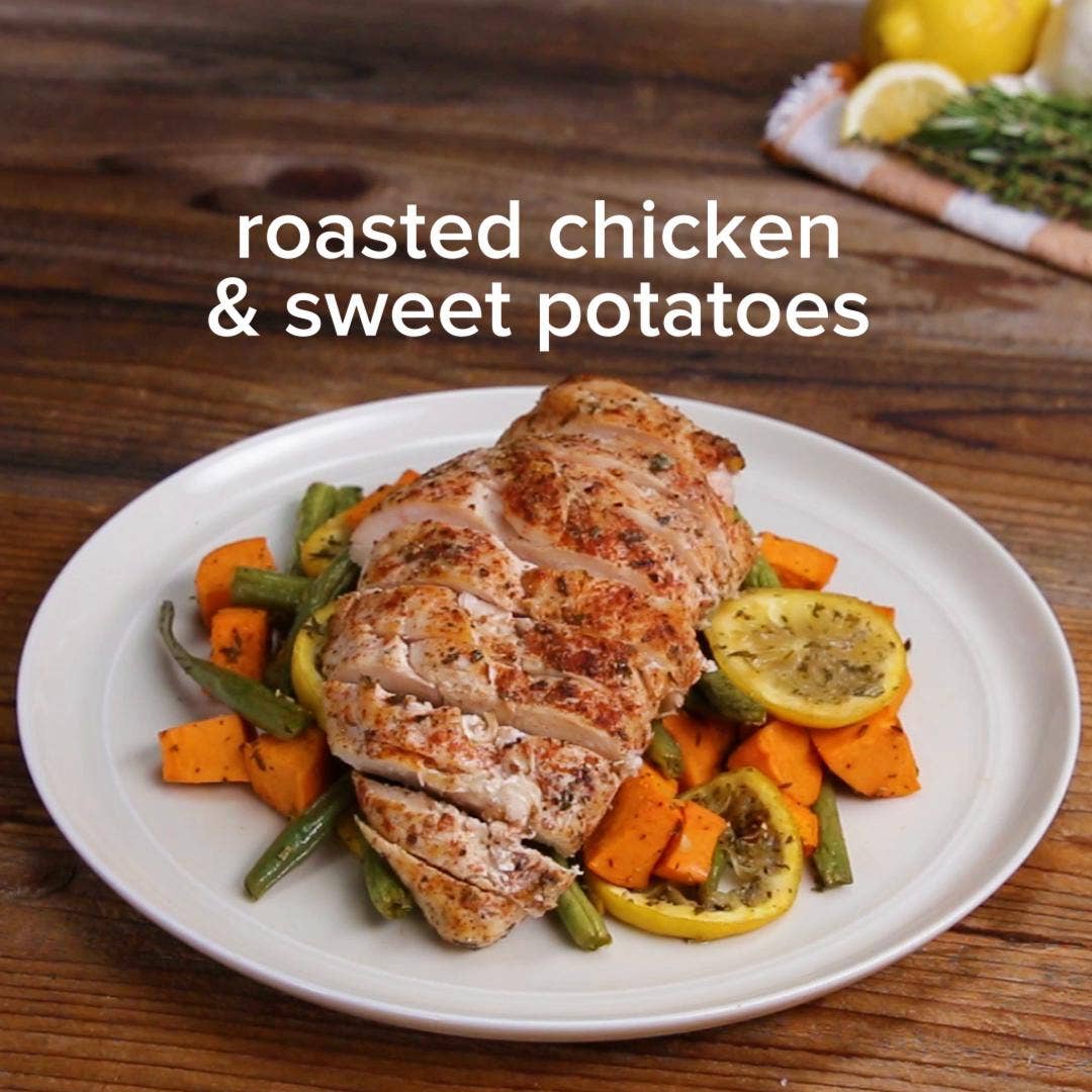 One Pan Roasted Chicken And Sweet Potatoes Recipe By Tasty