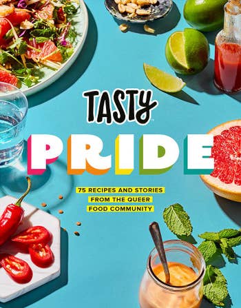 cookbook cover for Tasty Pride with a tabletop full of assorted food and drinks