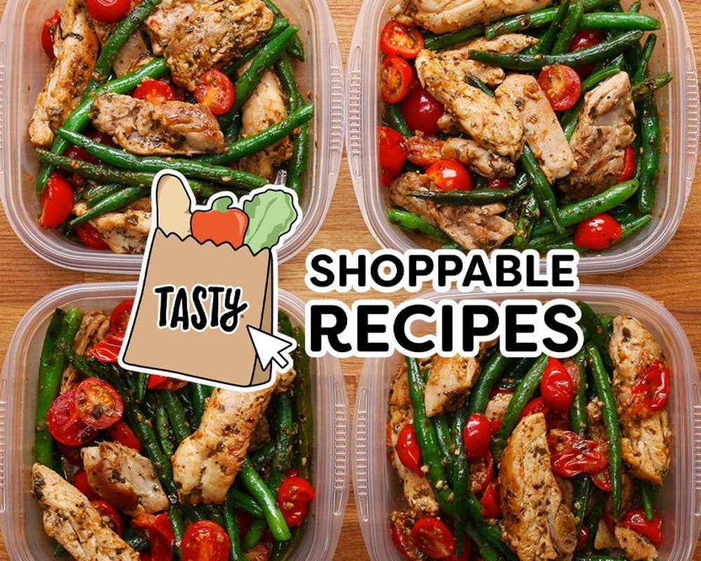 chicken and veggie meal prep containers with shoppable recipes logo overlayed