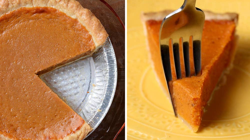 pumpkin pie with a slice missing and a slice of pie