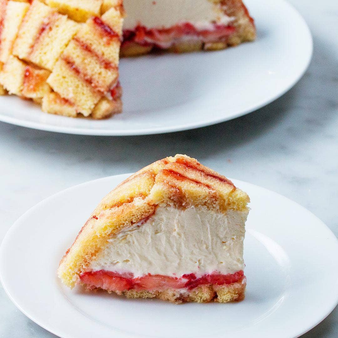 Strawberry Shortcake Cheesecake Dome Charlotte Royale Recipe By Tasty