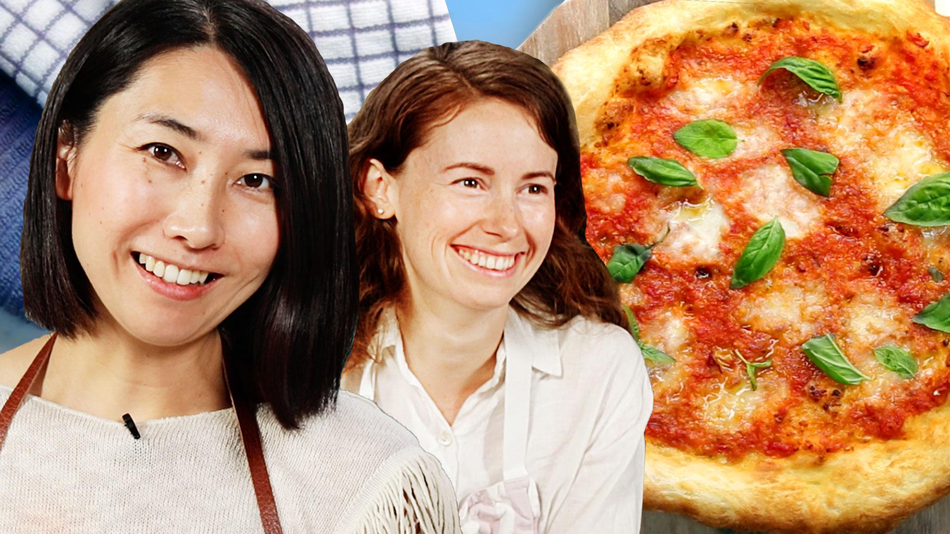 Karen make pizza but she. A woman with homemade pizza. Tasty face.