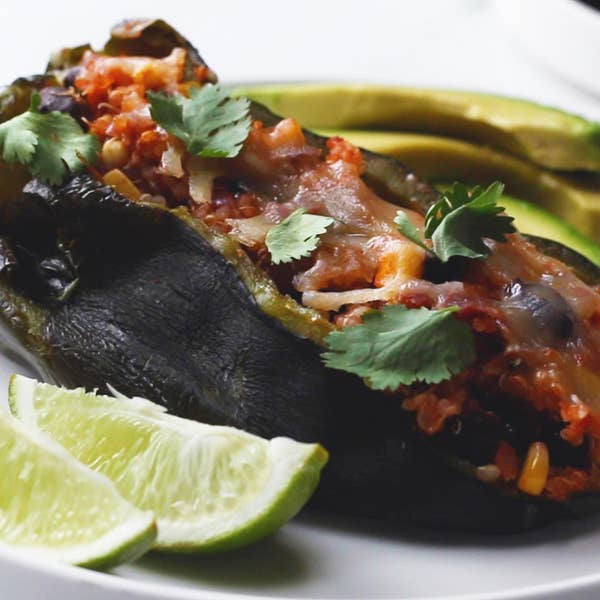 Vegetarian and Black Bean Quinoa Stuffed Poblanos