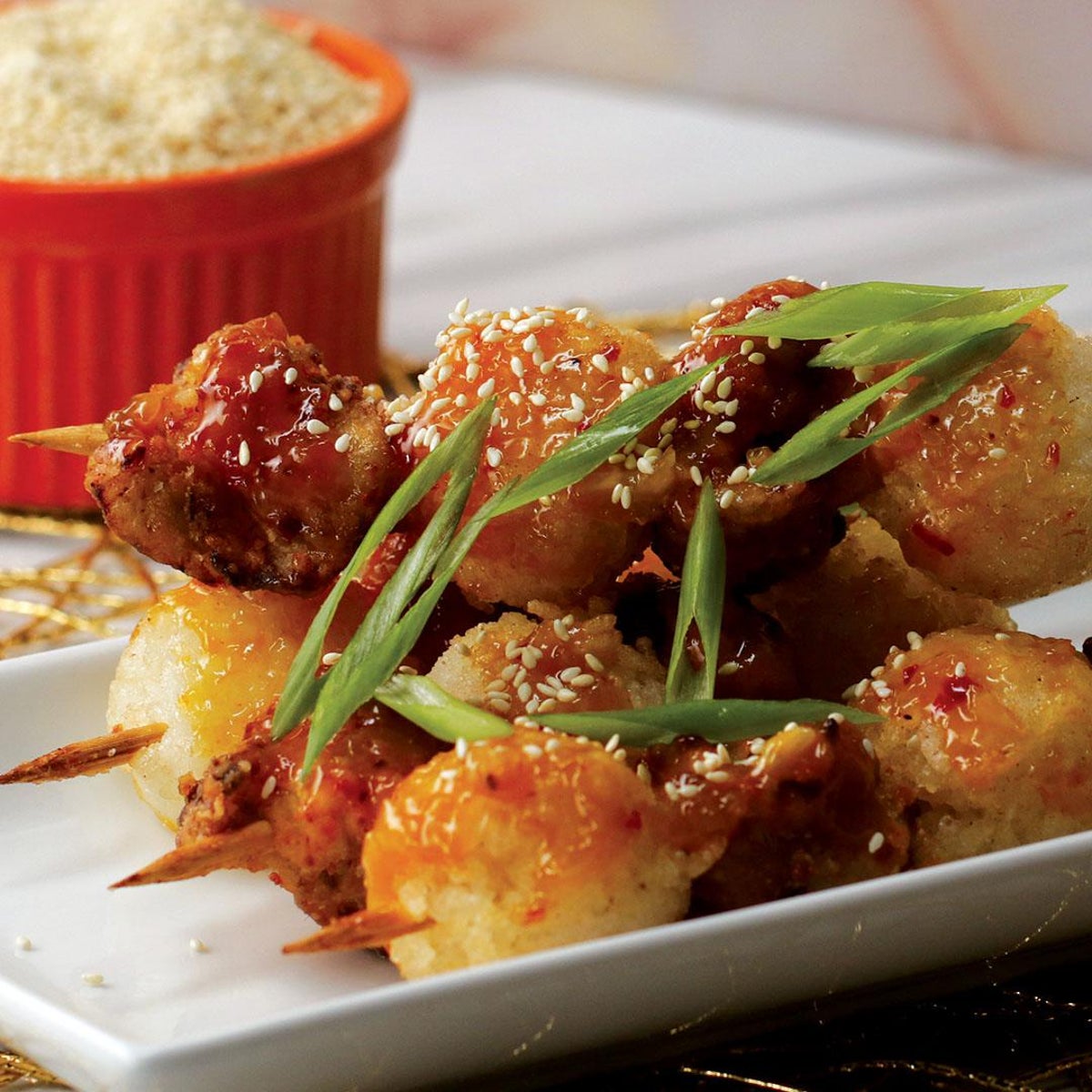 image of Orange Chicken Kebabs With Fried Sticky Rice Balls Recipe by Tasty recipe by Tasty