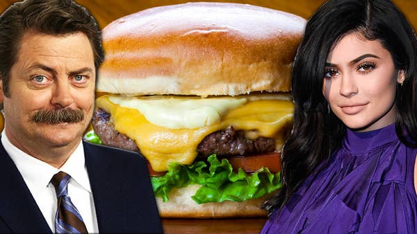 Nick Offerman and Kylie Jenner in front of a delicious and meaty burger
