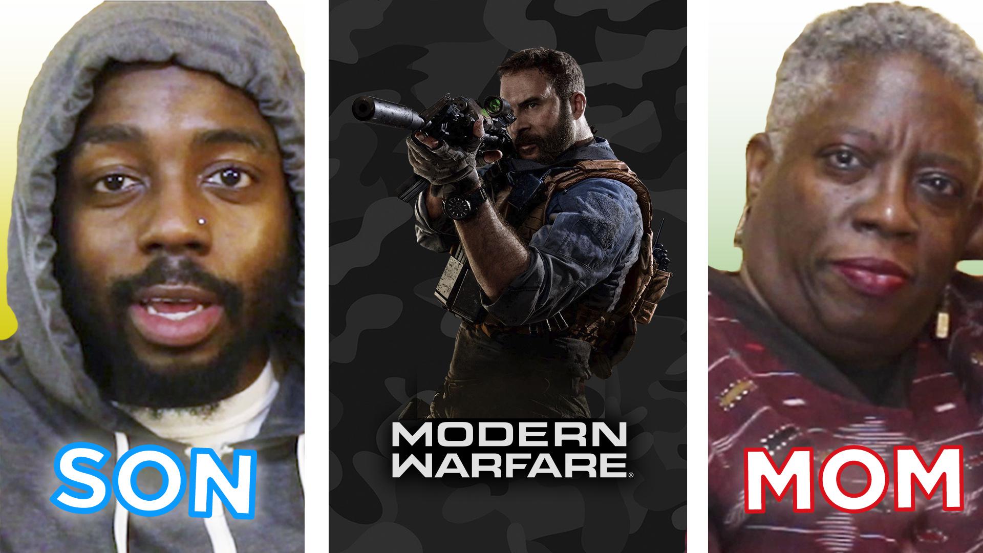 Son and mom with Modern Warfare graphic