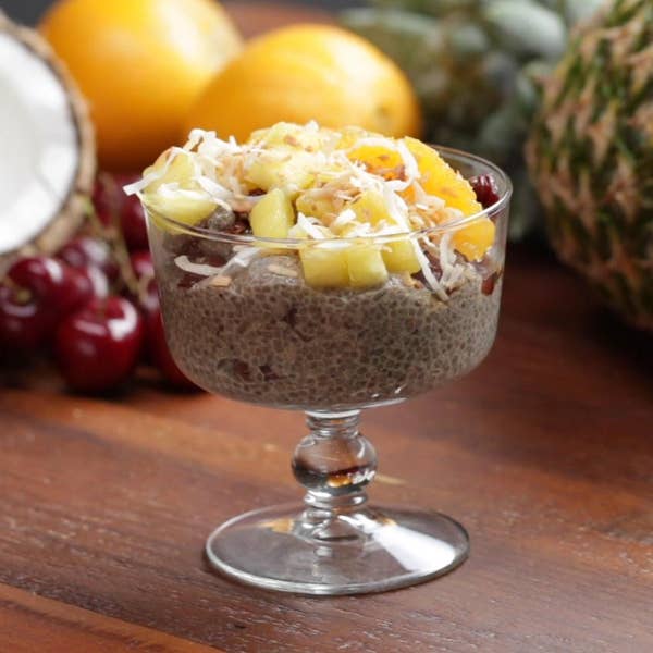 Coconut Chia Pudding With Oranges, Pineapple And Dried Cherries