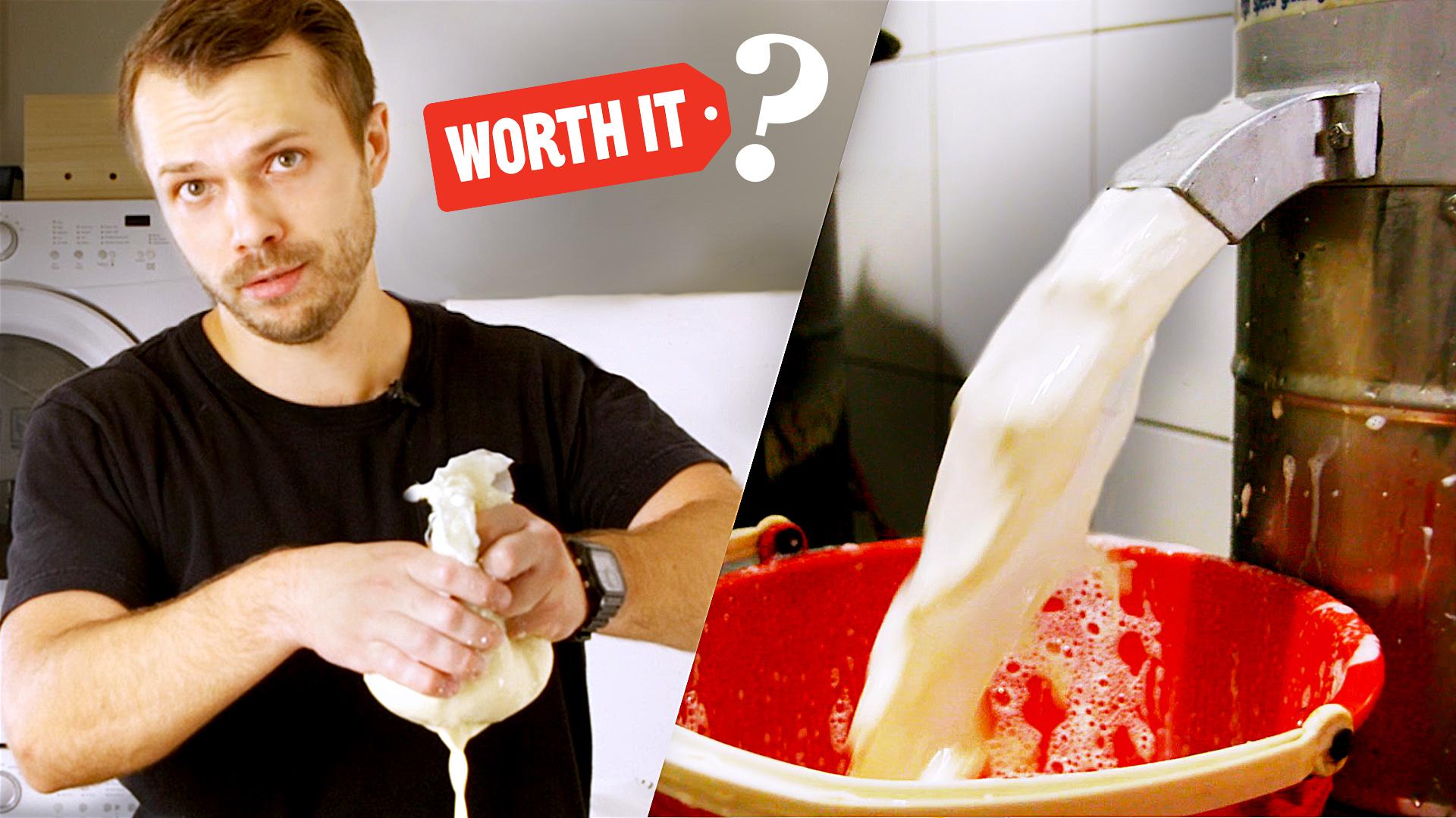 Andrew from Worth It squeezing a bag of soy milk, split-screened with a large stream of soy milk pouring into a bucket.