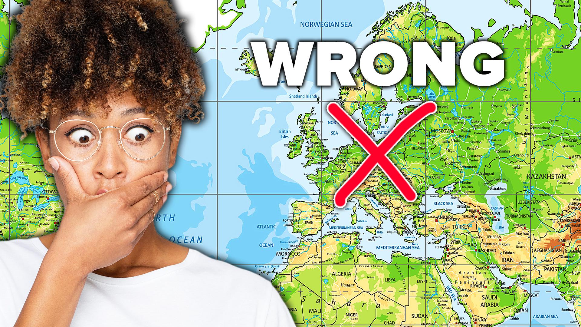 An African American woman is reacting to a map projection of the world that has red