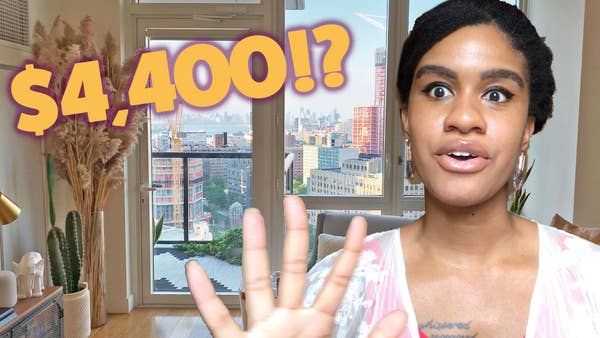 Woman in front of an apartment window overlooking New York City with text that says $4,400!?
