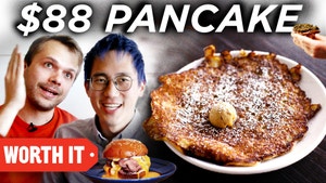 Adam and Steven next to a picture of a giant pancake, a small picture of a roast beef sandwich. Text says $88 Pancake