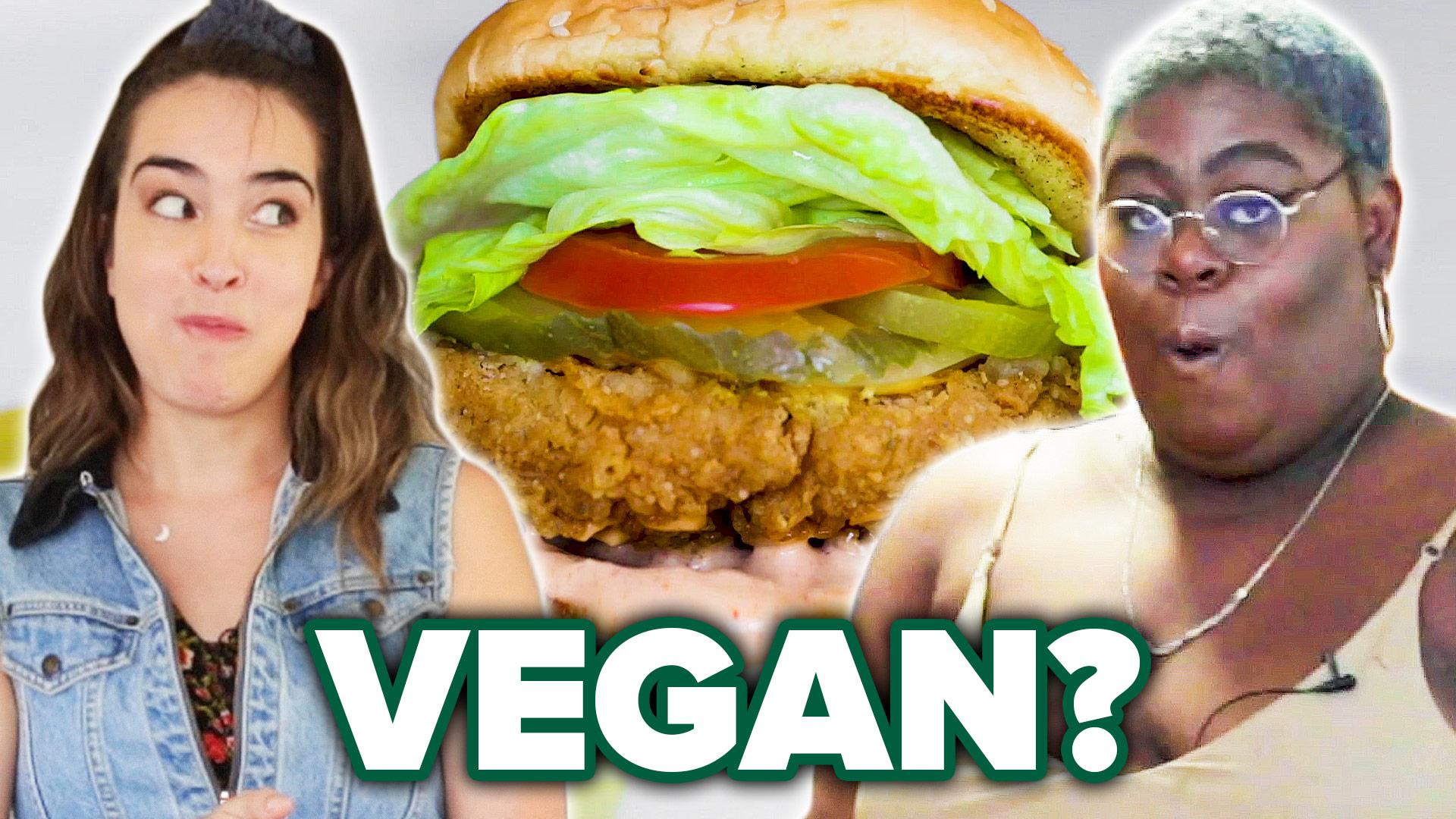 Merle and Joyce pictured with vegan chicken sandwich