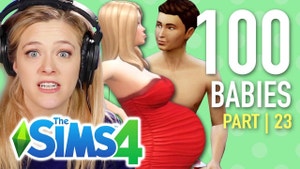 In the foreground a woman has concerned look as a pregnant video game version of her is in the background with her video game boyfriend.