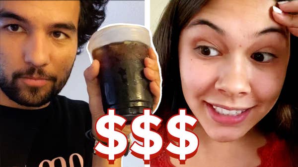 A man holds up a cup of iced coffee and the woman in another picture looks stressed. There are three dollars  signs between them. 