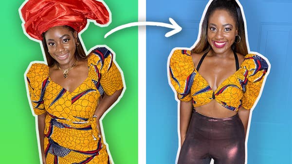 On the left, Vivian wears a patterned yellow traditional Nigerian outfit. On the right, she wears the same outfit but styled into a crop top with high waisted metallic leggings.