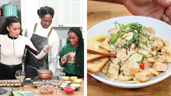 On the left three friends make food and on the right is the dish they prepared.
