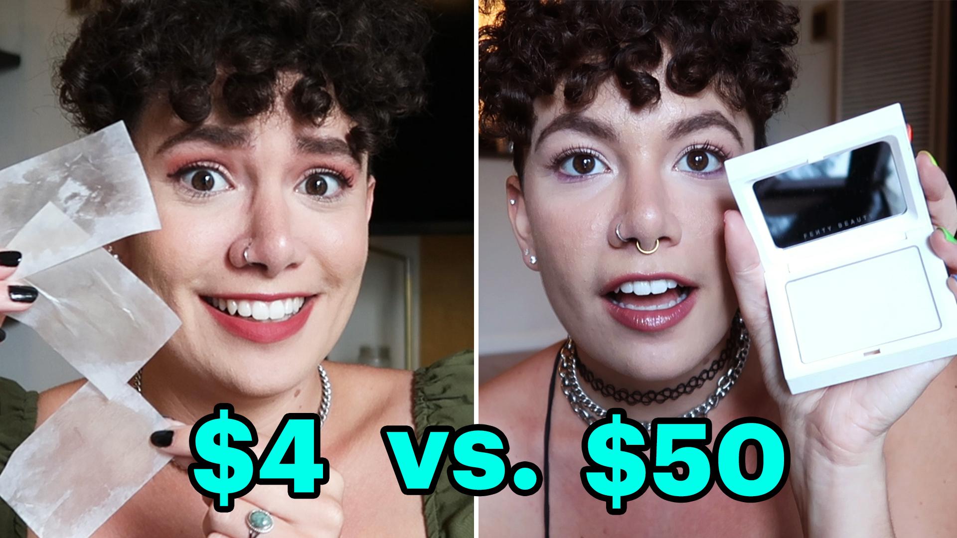 Megan holding up a cheap and an expensive oil control makeup product