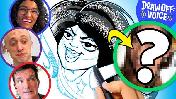 On the left is one big circle with a blurred out face with a question mark over it. The three artist's faces are in circles around a sketch of their mystery guest. 
