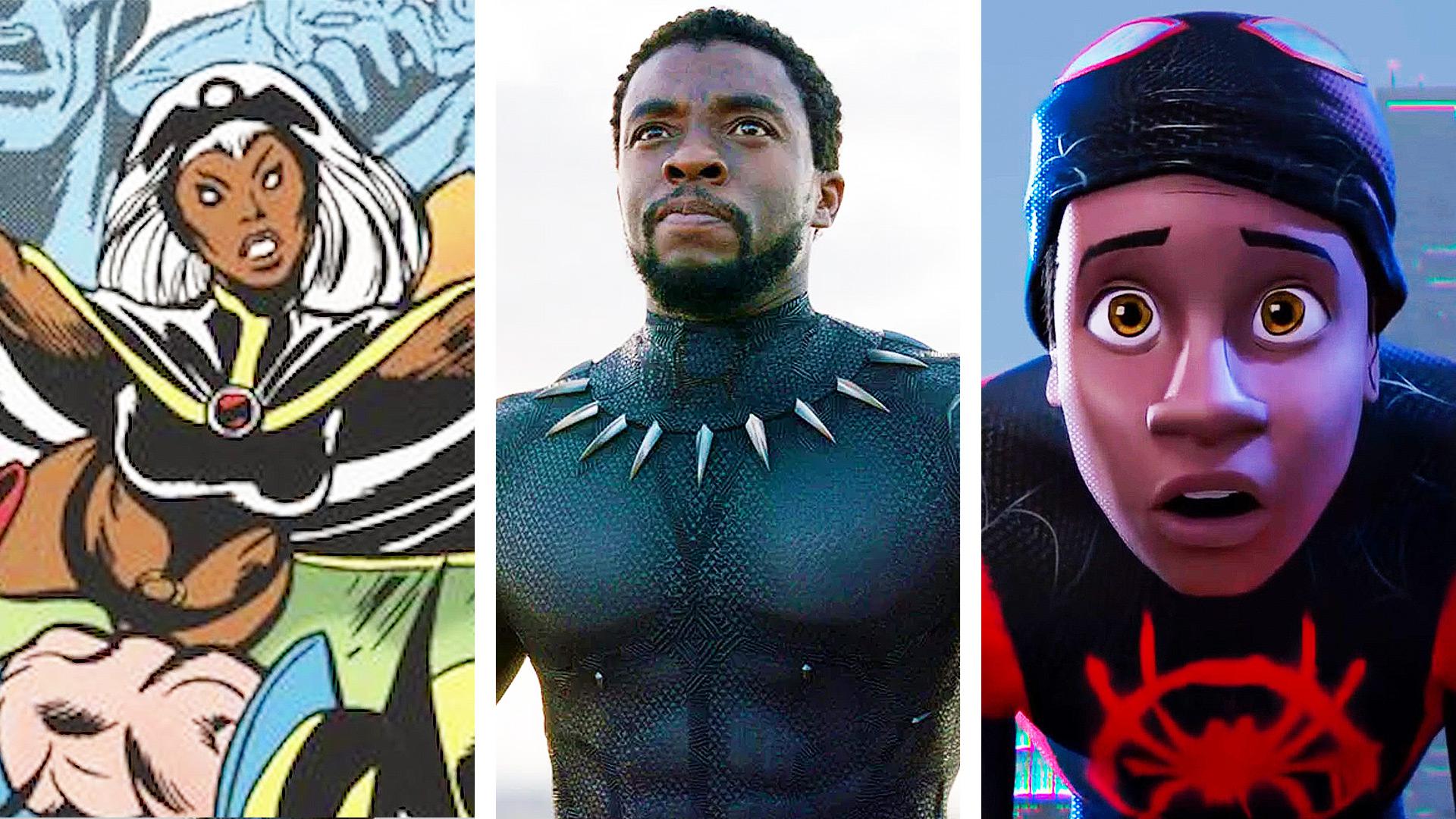 Pictures of comic book heroes Storm, Black Paner and Miles Morales as Spiderman.