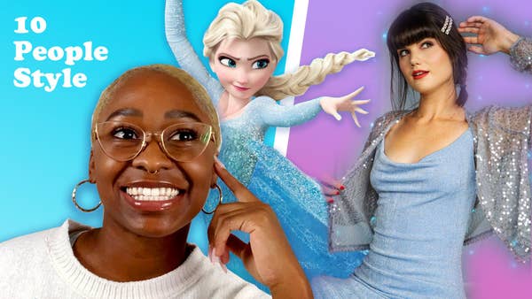 On the left side, a close up of a woman smiling skeptically over a blue background. Behind her, Elsa from Frozen casts a magical spell. On the right, a woman wears a sparkly blue dress and silver cardigan over a pink background.