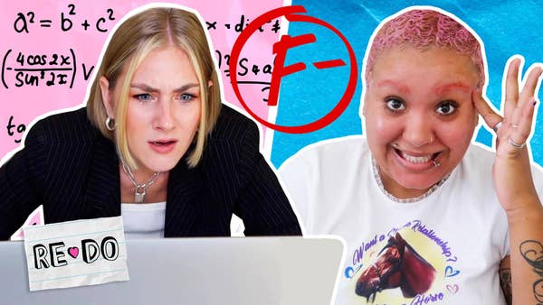 Lindsay and Jazzmyne looked scared and confused doing homeschooling. Algebra equations float around in the background with a F- grade. 