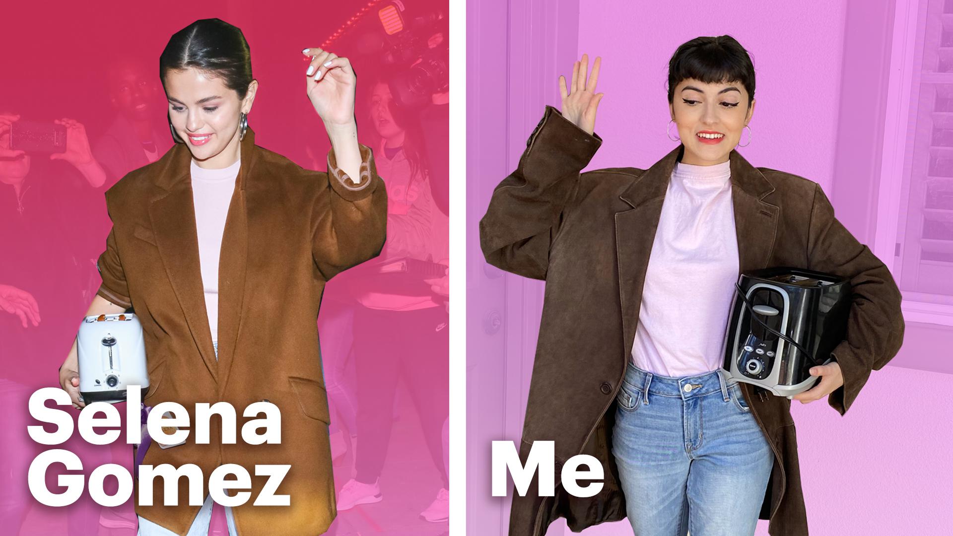 On the left a picture of Selena Gomez against a red background. She is holding a toaster and wearing a brown blazer. On the right, a young woman wears her own version of the same outfit against a pink background.