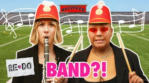 Lindsay and Jazz look scared holding instruments in front of a football field with marching band uniforms on.