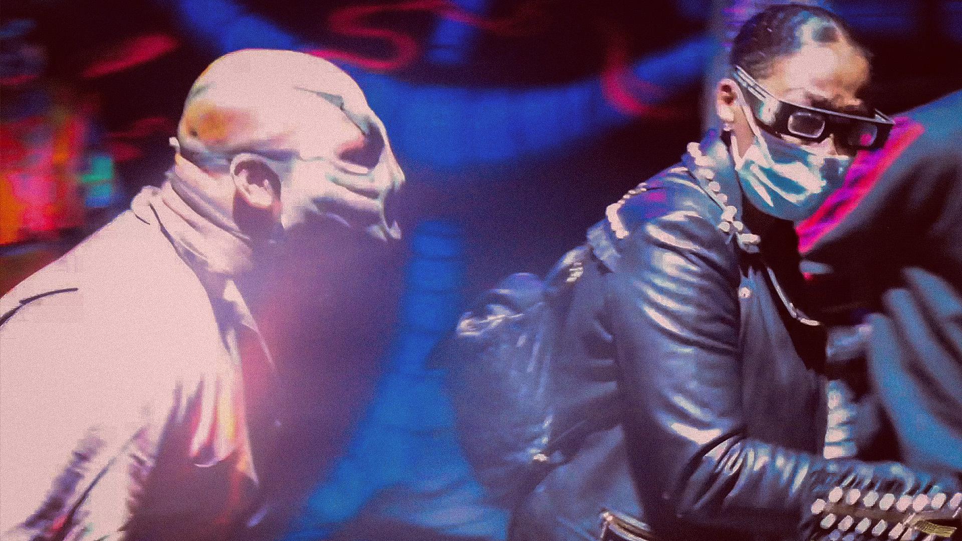 There's a creepy clown in the background. There is a scared mother on the right. 