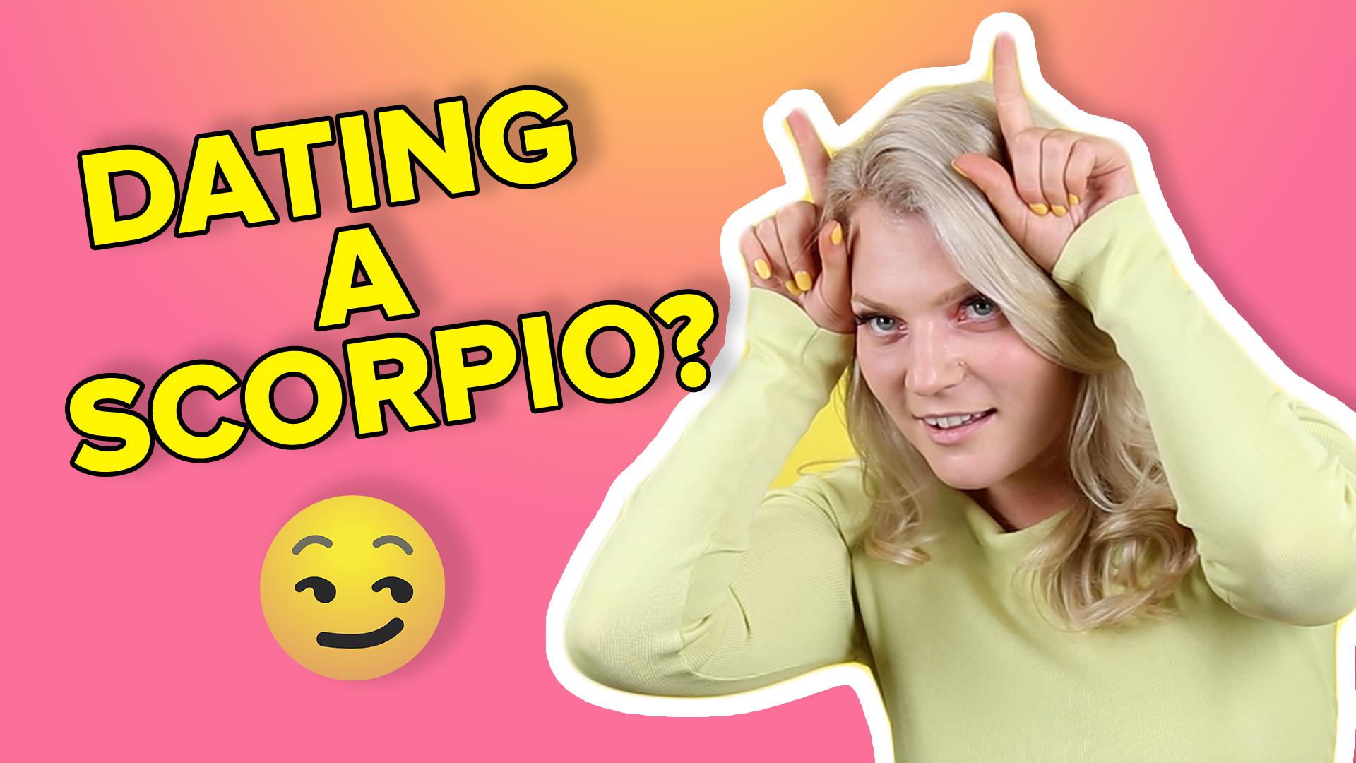 yellow text saying dating a scorpio on the left side and on the right side a person doing devil horns