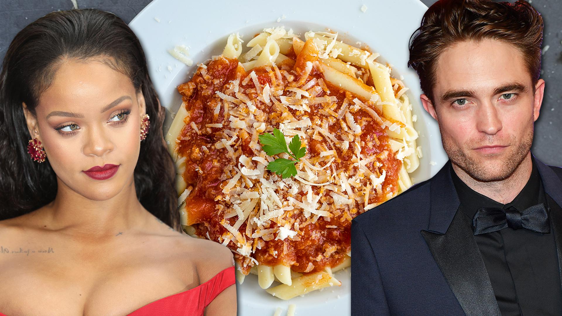 Rihanna and Robert Pattinson in front of a delicious bowl of pasta
