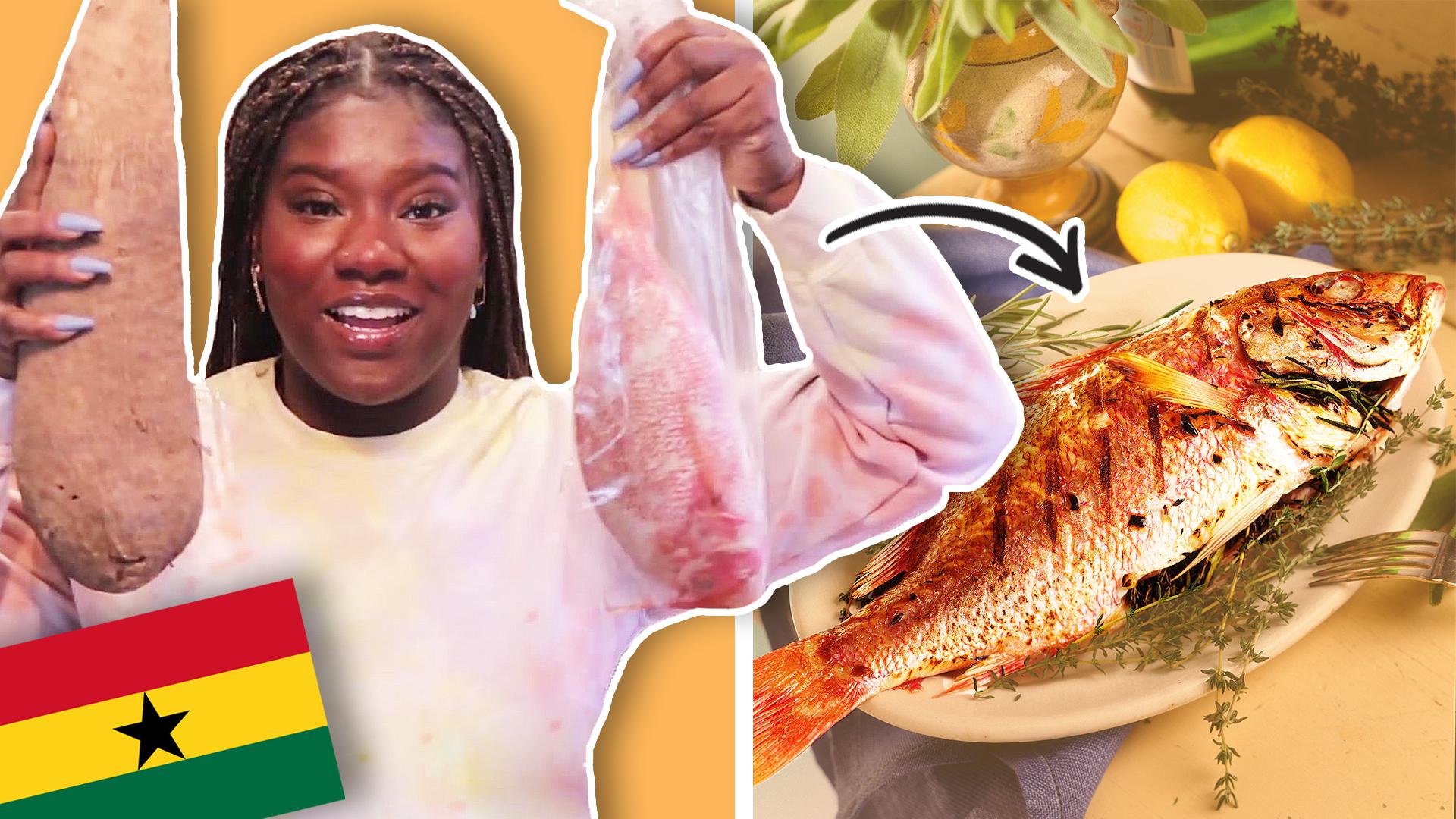 Woman holds up raw food to cook