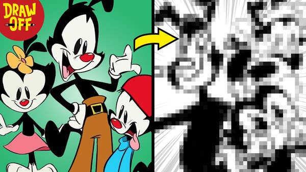 Photo of the Animaniacs next to a photo of the a black and white blurry drawing of the Animaniacs. 