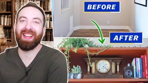 Mike smiling next to a before and after juxtaposition of his new reading nook. Before shows an empty room, and after shows a closeup of a bookshelf with a plant, books, and antique mantle clock.
