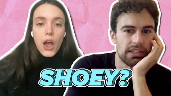 Stacy Martin and Theo James with shocked and confused expressions on their face; the word "Shoey?" is captioned on the thumbnail