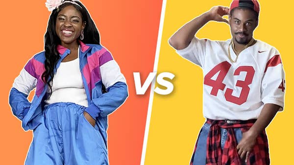 Vivian and Reggie are dressed in 90s clothing with the word "VS" in the middle.
