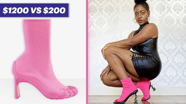 On the left is an all pink $1200 Balenciaga shoe. On the right Vivian is wearing the shoe she recreated for $200