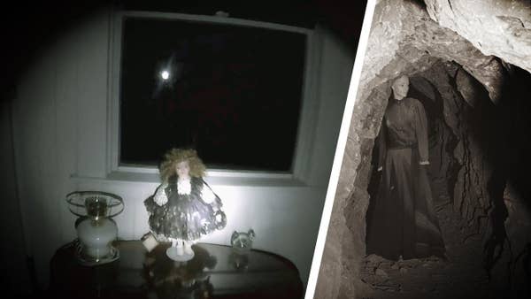 Spooky doll in a room and woman in black in a cave.