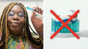 Joyce holds up a toothbrush next to an image of toothpaste cancelled out.