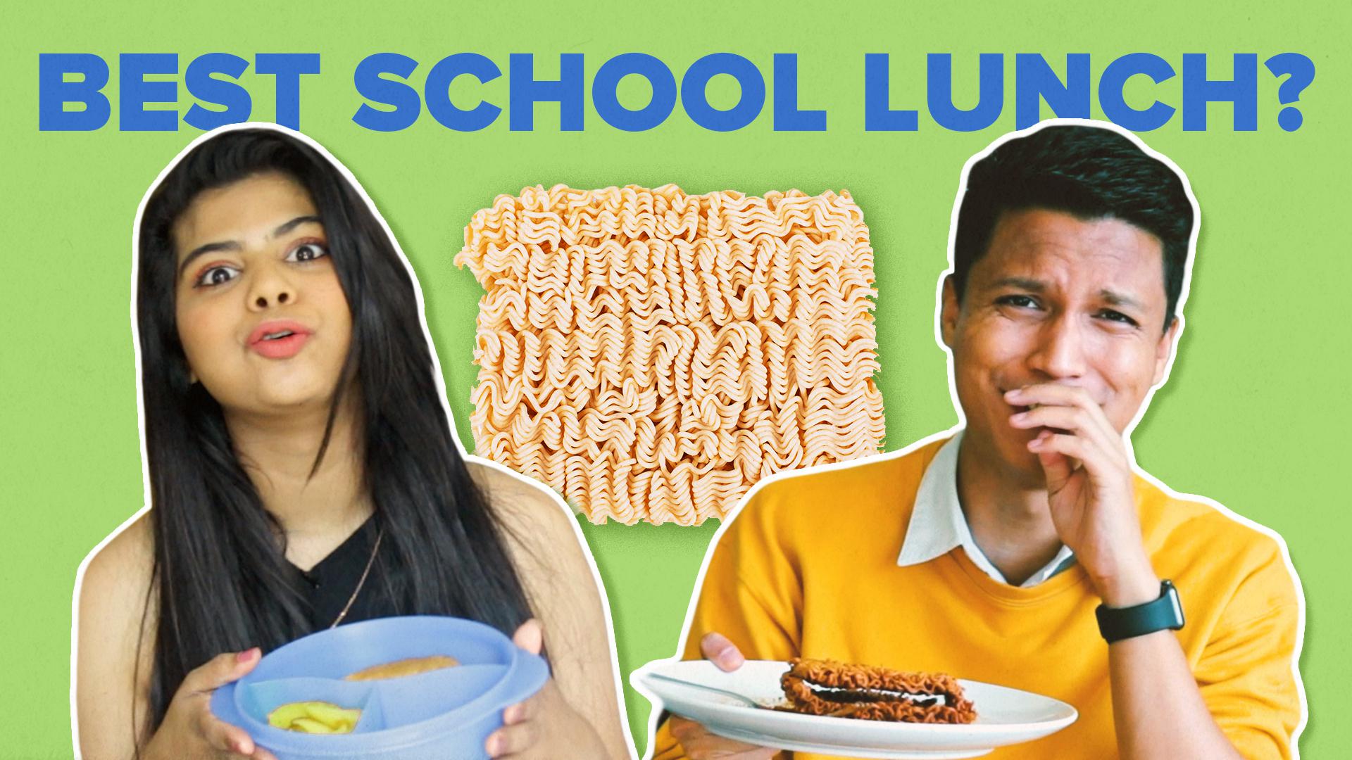 Two Indian People with plates in their hand and an image of Maggi with the text