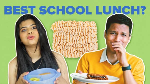 Two Indian People with plates in their hand and an image of Maggi with the text "Best School Lunch?". 